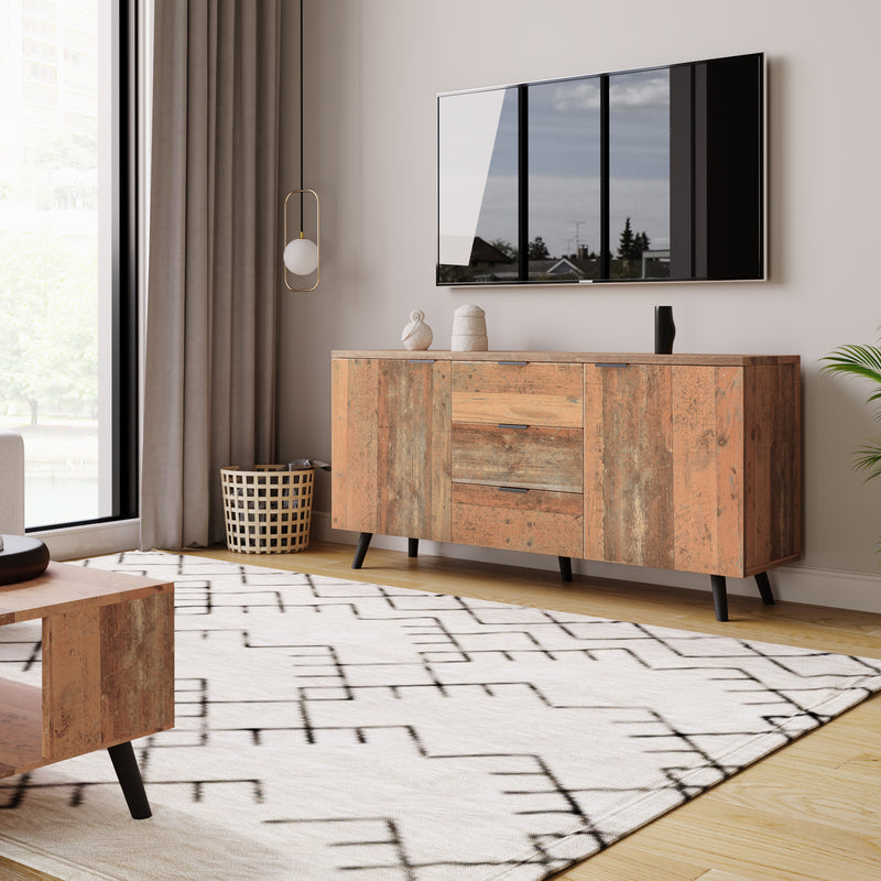 Buffet / Meuble TV Vintage Marron Vieilli avec 3 Tiroirs et Étagères Amovibles (140x35x70cm) GRANCUK