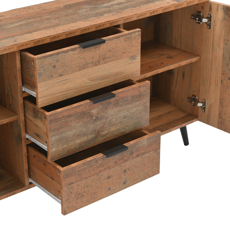 Buffet / Meuble TV Vintage Marron Vieilli avec 3 Tiroirs et Étagères Amovibles (140x35x70cm) GRANCUK
