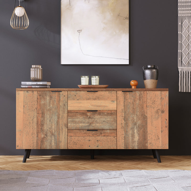 Buffet / Meuble TV Vintage Marron Vieilli avec 3 Tiroirs et Étagères Amovibles (140x35x70cm) GRANCUK