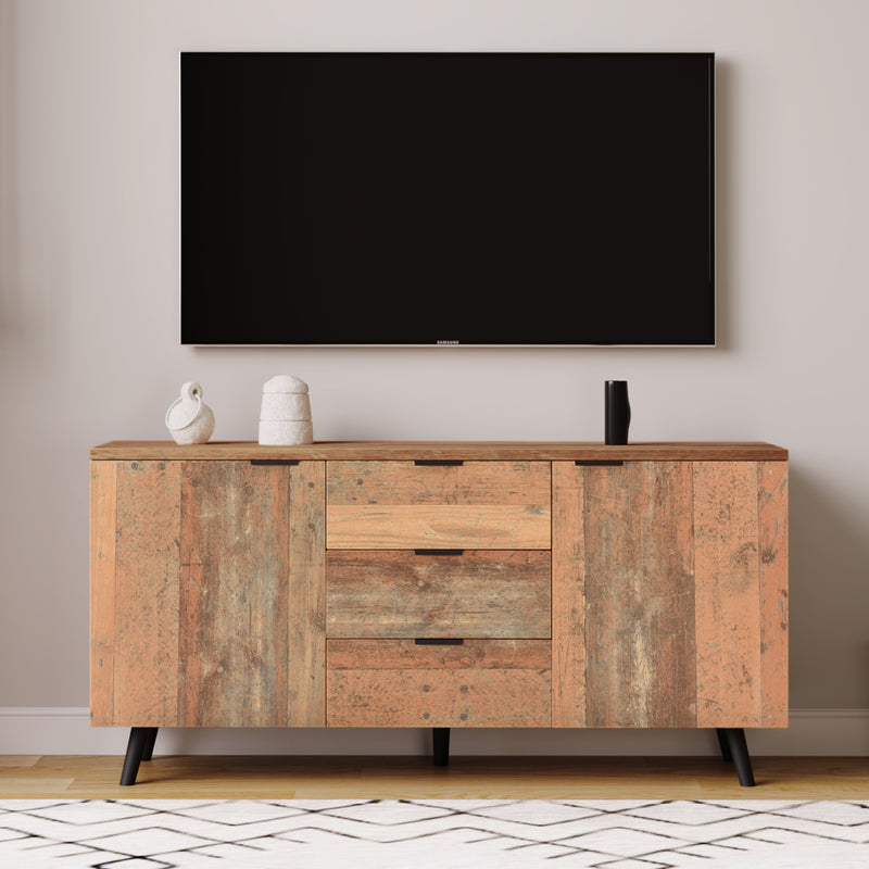 Buffet / Meuble TV Vintage Marron Vieilli avec 3 Tiroirs et Étagères Amovibles (140x35x70cm) GRANCUK