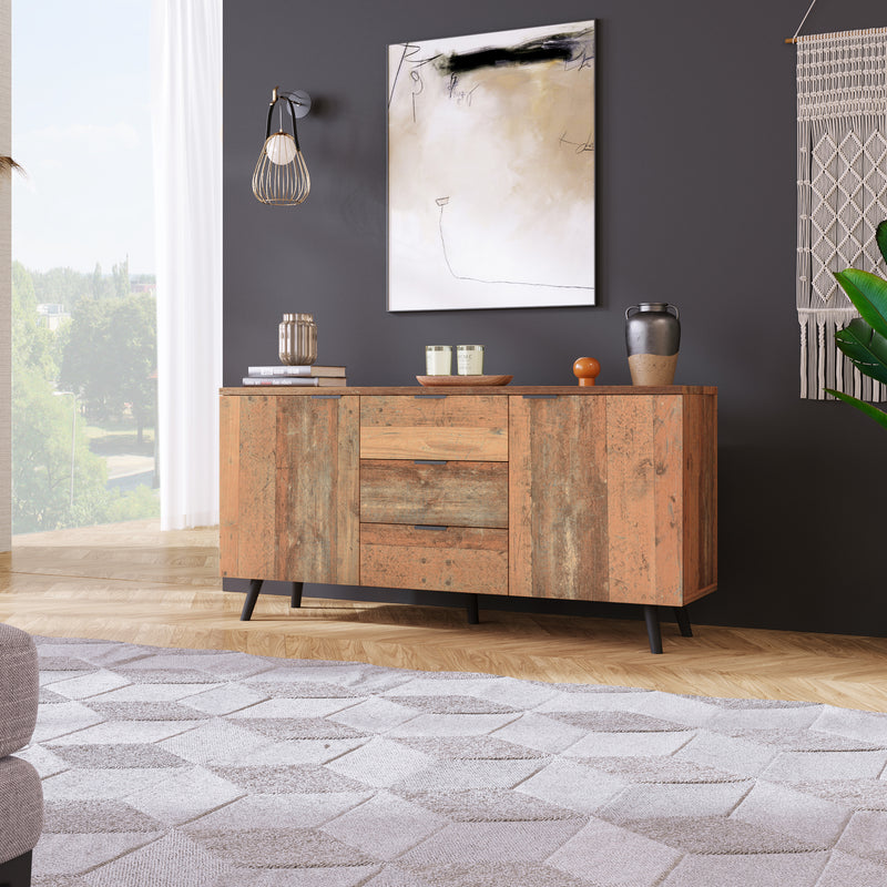 Buffet / Meuble TV Vintage Marron Vieilli avec 3 Tiroirs et Étagères Amovibles (140x35x70cm) GRANCUK