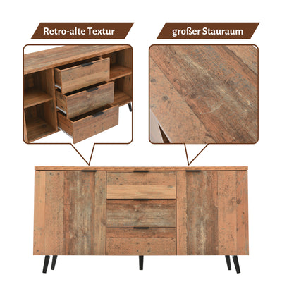 Buffet / Meuble TV Vintage Marron Vieilli avec 3 Tiroirs et Étagères Amovibles (140x35x70cm) GRANCUK