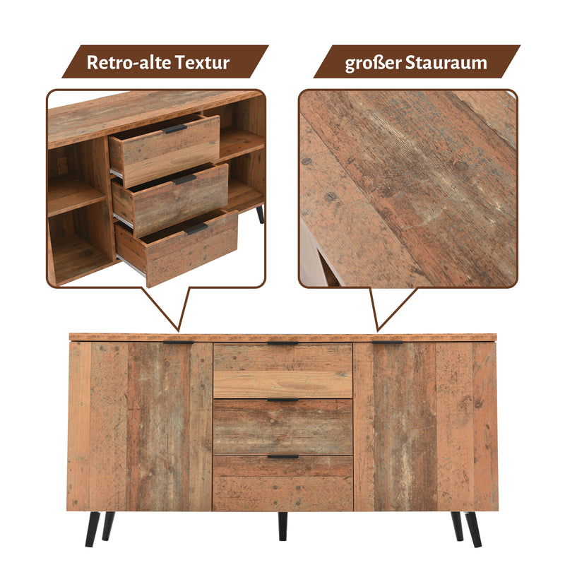 Buffet / Meuble TV Vintage Marron Vieilli avec 3 Tiroirs et Étagères Amovibles (140x35x70cm) GRANCUK