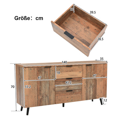Buffet / Meuble TV Vintage Marron Vieilli avec 3 Tiroirs et Étagères Amovibles (140x35x70cm) GRANCUK