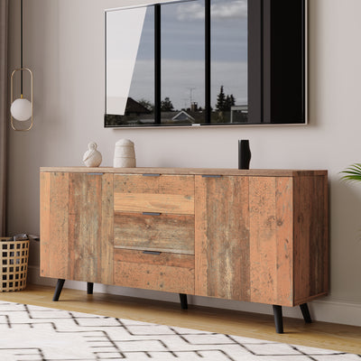 Buffet / Meuble TV Vintage Marron Vieilli avec 3 Tiroirs et Étagères Amovibles (140x35x70cm) GRANCUK