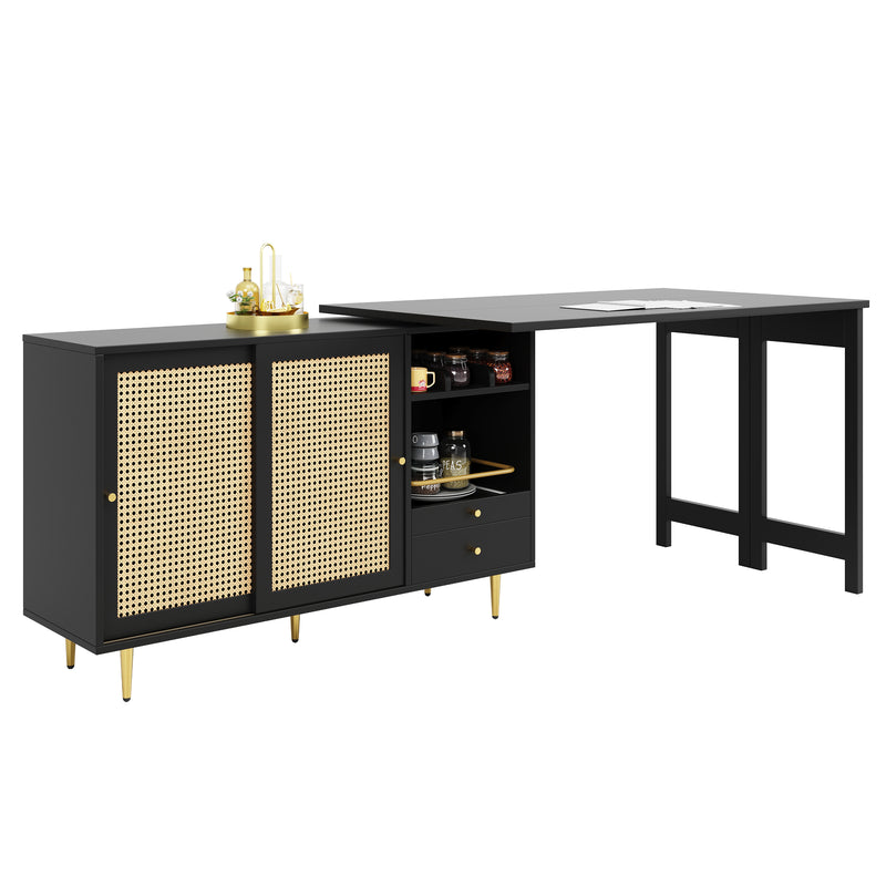 Bar de Salon Extensible et Rotatif à 360° Noir avec Rangement en Rotin et Pieds Dorés GRODRAK BLACK