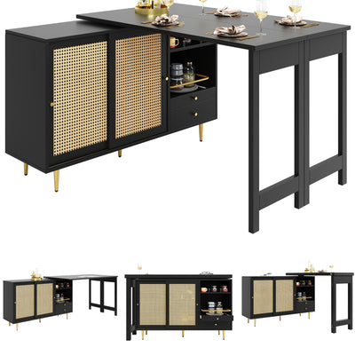 Bar de Salon Extensible et Rotatif à 360° Noir avec Rangement en Rotin et Pieds Dorés GRODRAK BLACK