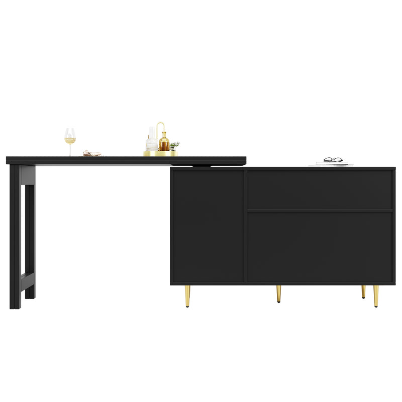 Bar de Salon Extensible et Rotatif à 360° Noir avec Rangement en Rotin et Pieds Dorés GRODRAK BLACK