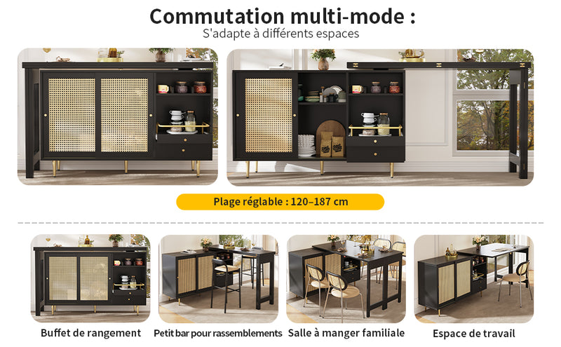 Bar de Salon Extensible et Rotatif à 360° Noir avec Rangement en Rotin et Pieds Dorés GRODRAK BLACK