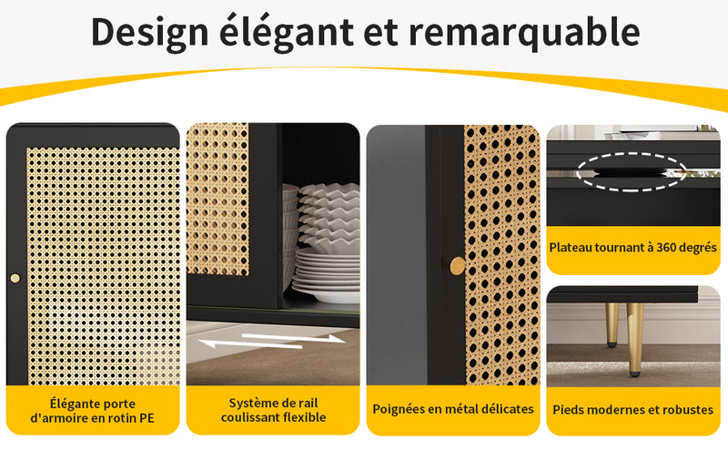 Bar de Salon Extensible et Rotatif à 360° Noir avec Rangement en Rotin et Pieds Dorés GRODRAK BLACK