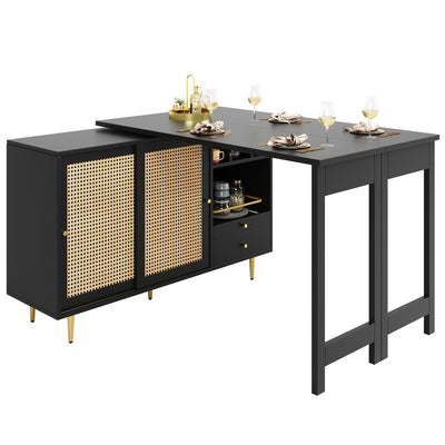 Bar de Salon Extensible et Rotatif à 360° Noir avec Rangement en Rotin et Pieds Dorés GRODRAK BLACK