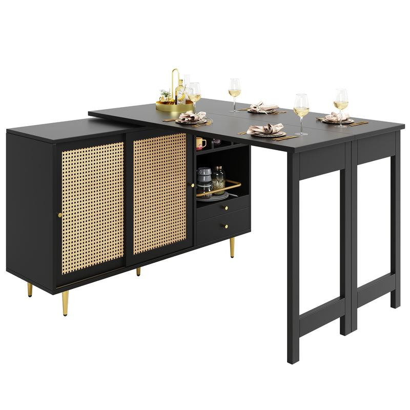 Bar de Salon Extensible et Rotatif à 360° Noir avec Rangement en Rotin et Pieds Dorés GRODRAK BLACK