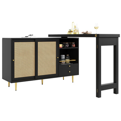 Bar de Salon Extensible et Rotatif à 360° Noir avec Rangement en Rotin et Pieds Dorés GRODRAK BLACK