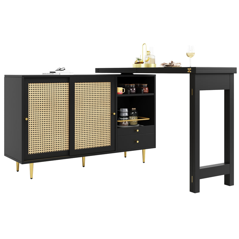 Bar de Salon Extensible et Rotatif à 360° Noir avec Rangement en Rotin et Pieds Dorés GRODRAK BLACK