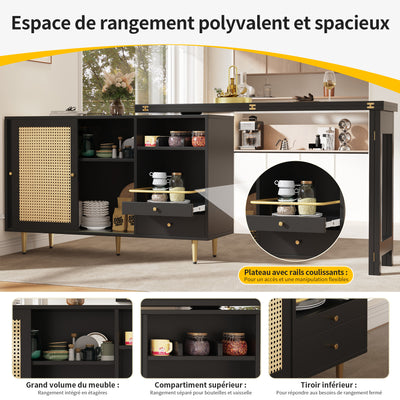 Bar de Salon Extensible et Rotatif à 360° Noir avec Rangement en Rotin et Pieds Dorés GRODRAK BLACK