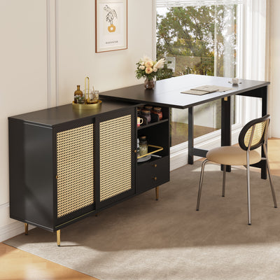 Bar de Salon Extensible et Rotatif à 360° Noir avec Rangement en Rotin et Pieds Dorés GRODRAK BLACK