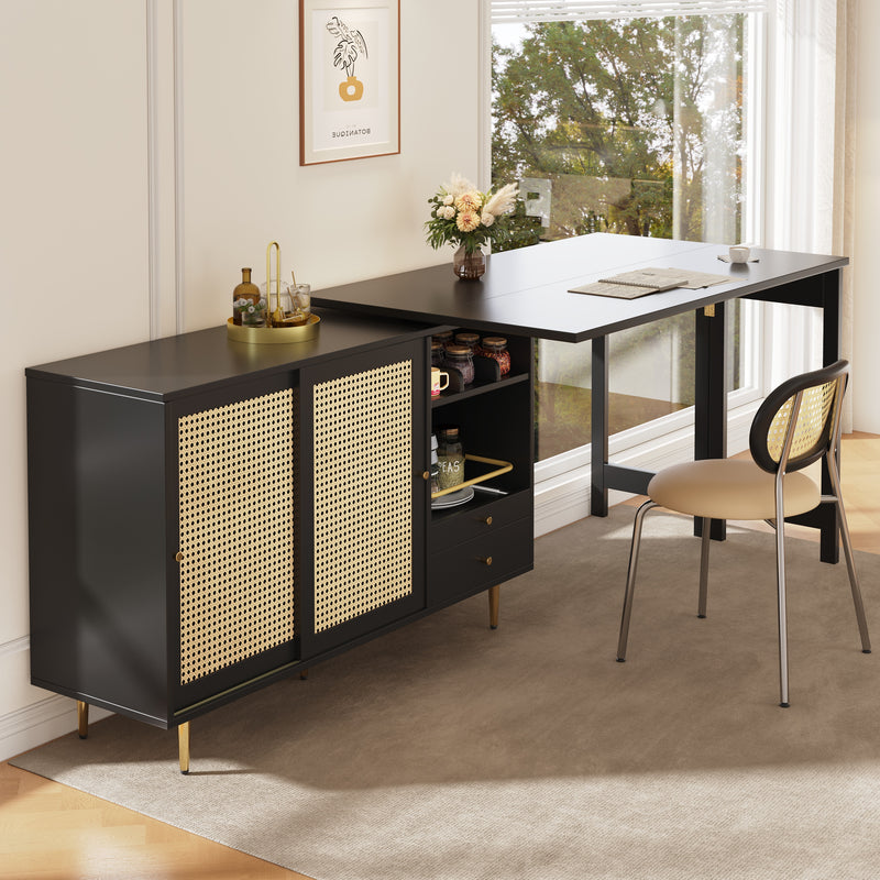 Bar de Salon Extensible et Rotatif à 360° Noir avec Rangement en Rotin et Pieds Dorés GRODRAK BLACK