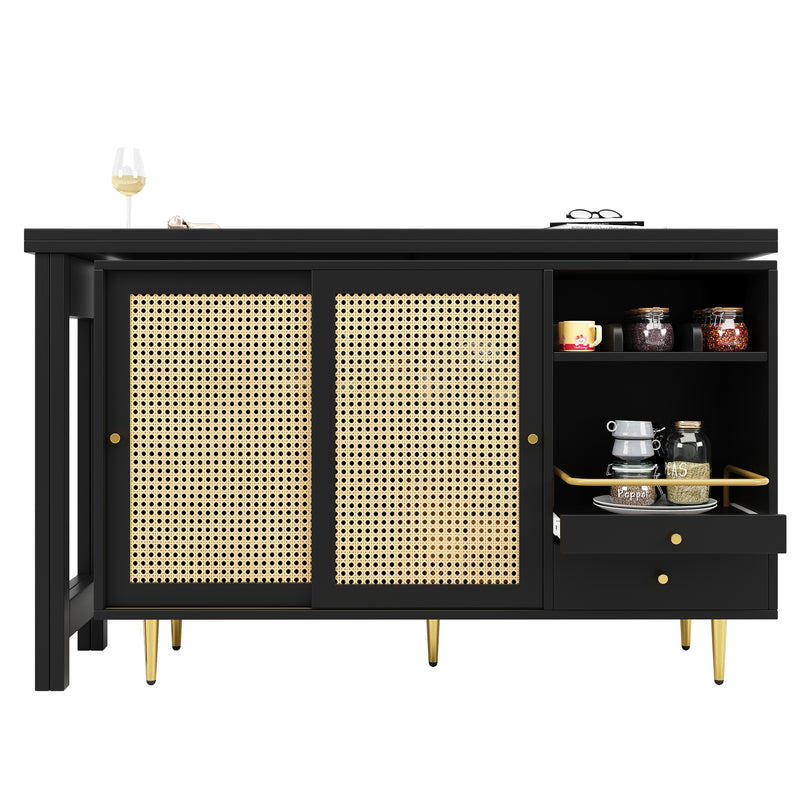 Bar de Salon Extensible et Rotatif à 360° Noir avec Rangement en Rotin et Pieds Dorés GRODRAK BLACK