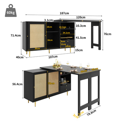 Bar de Salon Extensible et Rotatif à 360° Noir avec Rangement en Rotin et Pieds Dorés GRODRAK BLACK