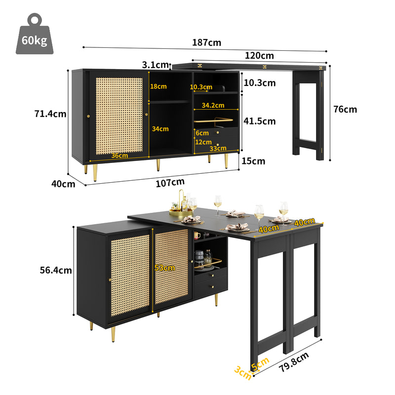Bar de Salon Extensible et Rotatif à 360° Noir avec Rangement en Rotin et Pieds Dorés GRODRAK BLACK