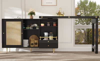 Bar de Salon Extensible et Rotatif à 360° Noir avec Rangement en Rotin et Pieds Dorés GRODRAK BLACK
