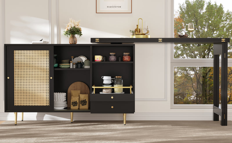Bar de Salon Extensible et Rotatif à 360° Noir avec Rangement en Rotin et Pieds Dorés GRODRAK BLACK