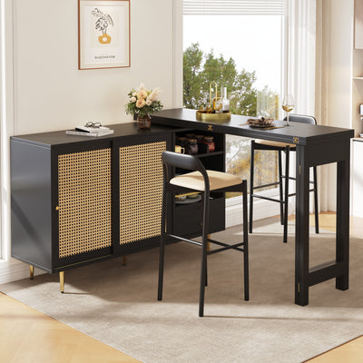 Bar de Salon Extensible et Rotatif à 360° Noir avec Rangement en Rotin et Pieds Dorés GRODRAK BLACK