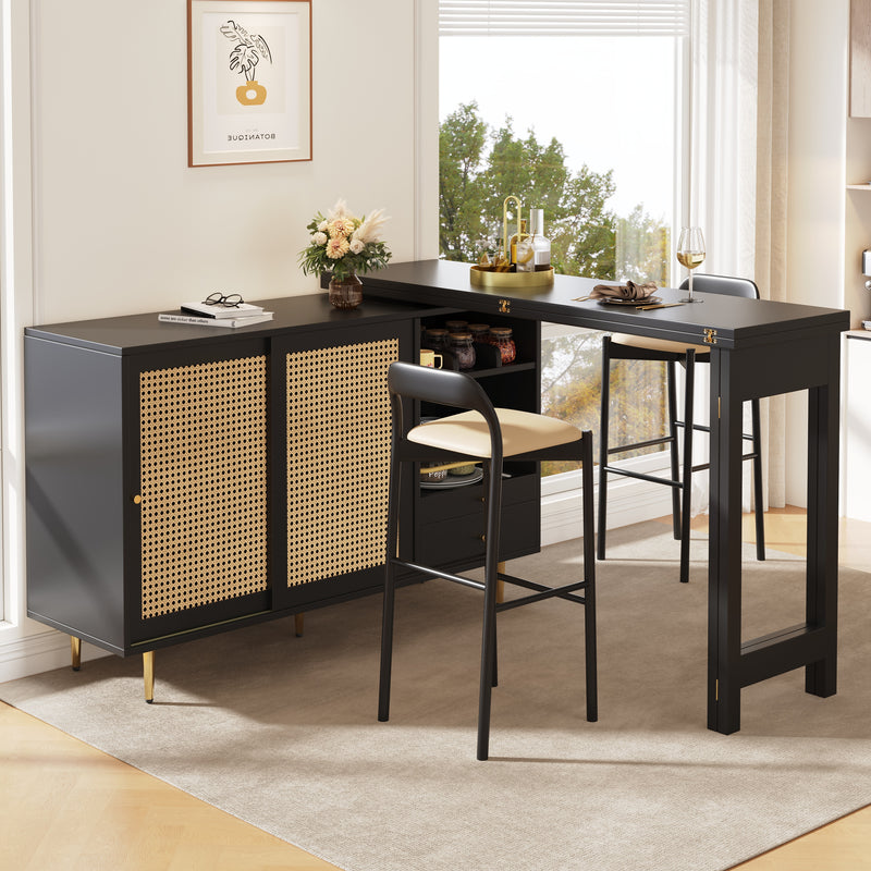 Bar de Salon Extensible et Rotatif à 360° Noir avec Rangement en Rotin et Pieds Dorés GRODRAK BLACK