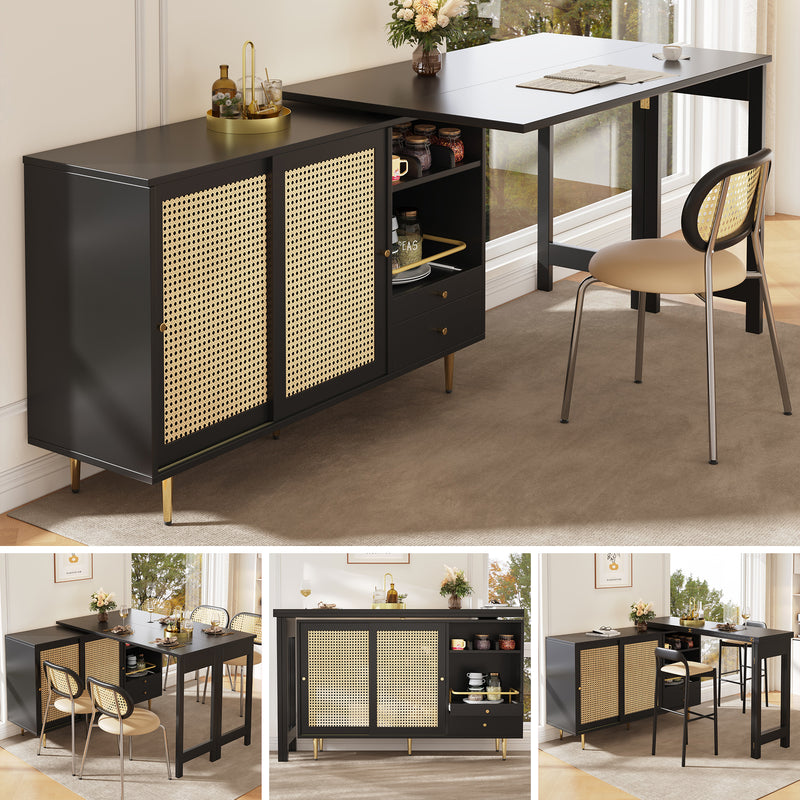 Bar de Salon Extensible et Rotatif à 360° Noir avec Rangement en Rotin et Pieds Dorés GRODRAK BLACK
