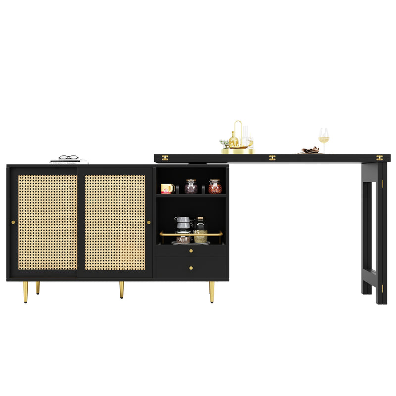 Bar de Salon Extensible et Rotatif à 360° Noir avec Rangement en Rotin et Pieds Dorés GRODRAK BLACK