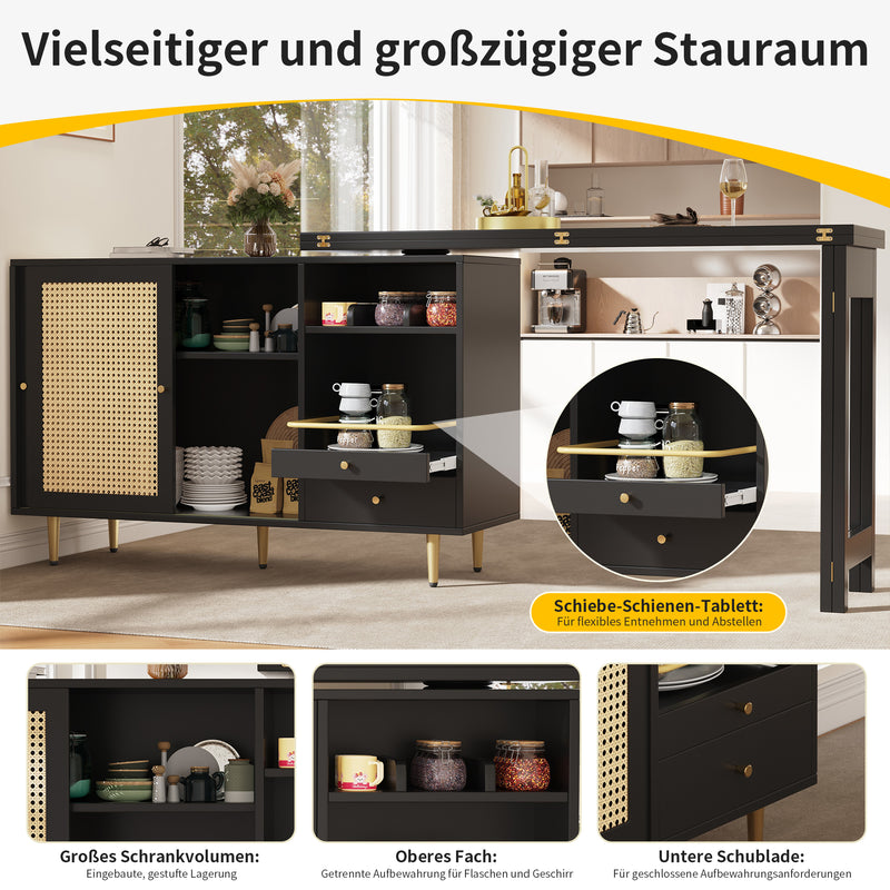 Bar de Salon Extensible et Rotatif à 360° Noir avec Rangement en Rotin et Pieds Dorés GRODRAK BLACK