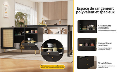 Bar de Salon Extensible et Rotatif à 360° Noir avec Rangement en Rotin et Pieds Dorés GRODRAK BLACK