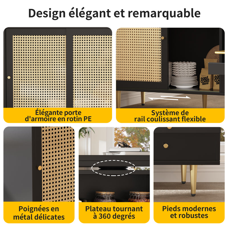 Bar de Salon Extensible et Rotatif à 360° Noir avec Rangement en Rotin et Pieds Dorés GRODRAK BLACK