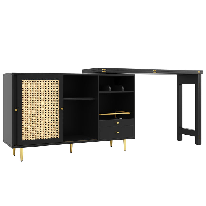 Bar de Salon Extensible et Rotatif à 360° Noir avec Rangement en Rotin et Pieds Dorés GRODRAK BLACK