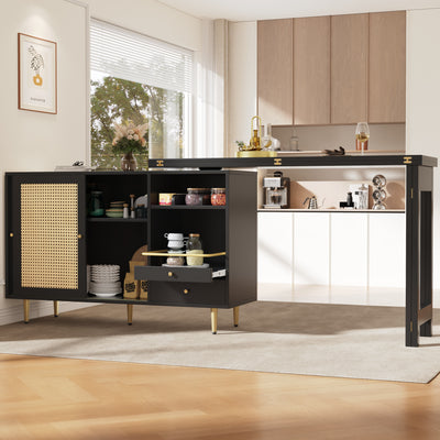 Bar de Salon Extensible et Rotatif à 360° Noir avec Rangement en Rotin et Pieds Dorés GRODRAK BLACK