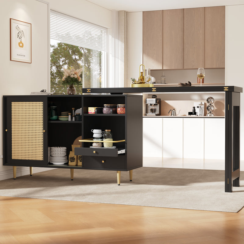 Bar de Salon Extensible et Rotatif à 360° Noir avec Rangement en Rotin et Pieds Dorés GRODRAK BLACK