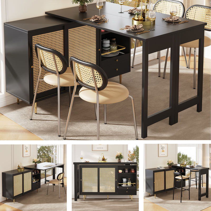 Bar de Salon Extensible et Rotatif à 360° Noir avec Rangement en Rotin et Pieds Dorés GRODRAK BLACK