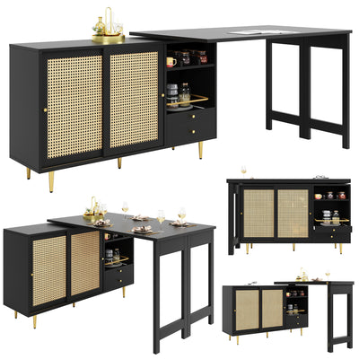 Bar de Salon Extensible et Rotatif à 360° Noir avec Rangement en Rotin et Pieds Dorés GRODRAK BLACK