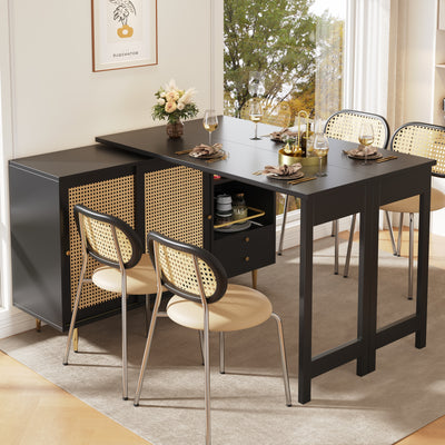 Bar de Salon Extensible et Rotatif à 360° Noir avec Rangement en Rotin et Pieds Dorés GRODRAK BLACK
