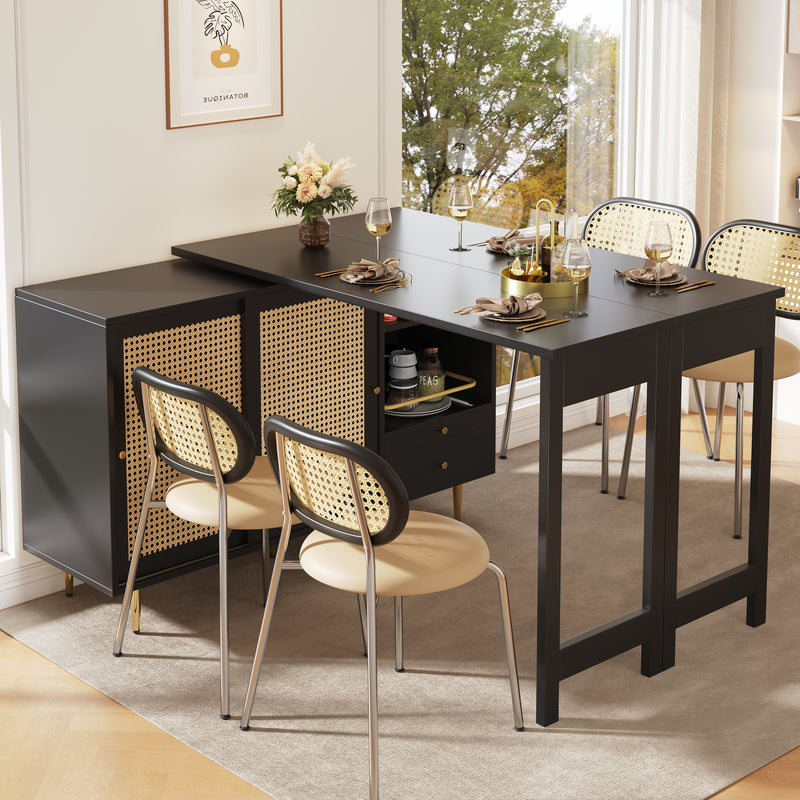 Bar de Salon Extensible et Rotatif à 360° Noir avec Rangement en Rotin et Pieds Dorés GRODRAK BLACK