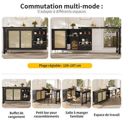Bar de Salon Extensible et Rotatif à 360° Noir avec Rangement en Rotin et Pieds Dorés GRODRAK BLACK