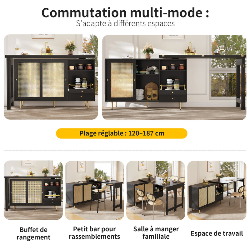 Bar de Salon Extensible et Rotatif à 360° Noir avec Rangement en Rotin et Pieds Dorés GRODRAK BLACK