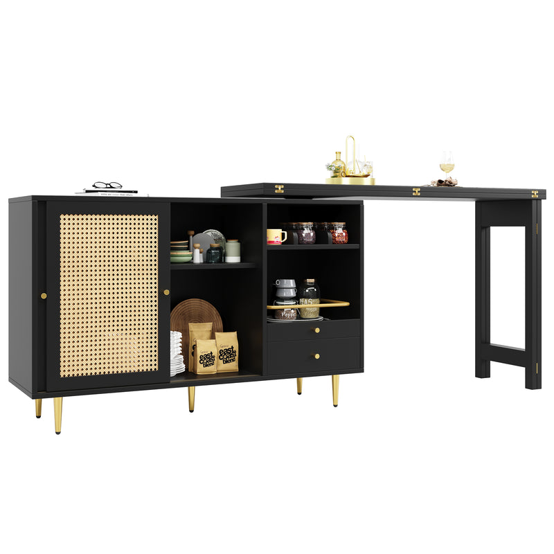 Bar de Salon Extensible et Rotatif à 360° Noir avec Rangement en Rotin et Pieds Dorés GRODRAK BLACK
