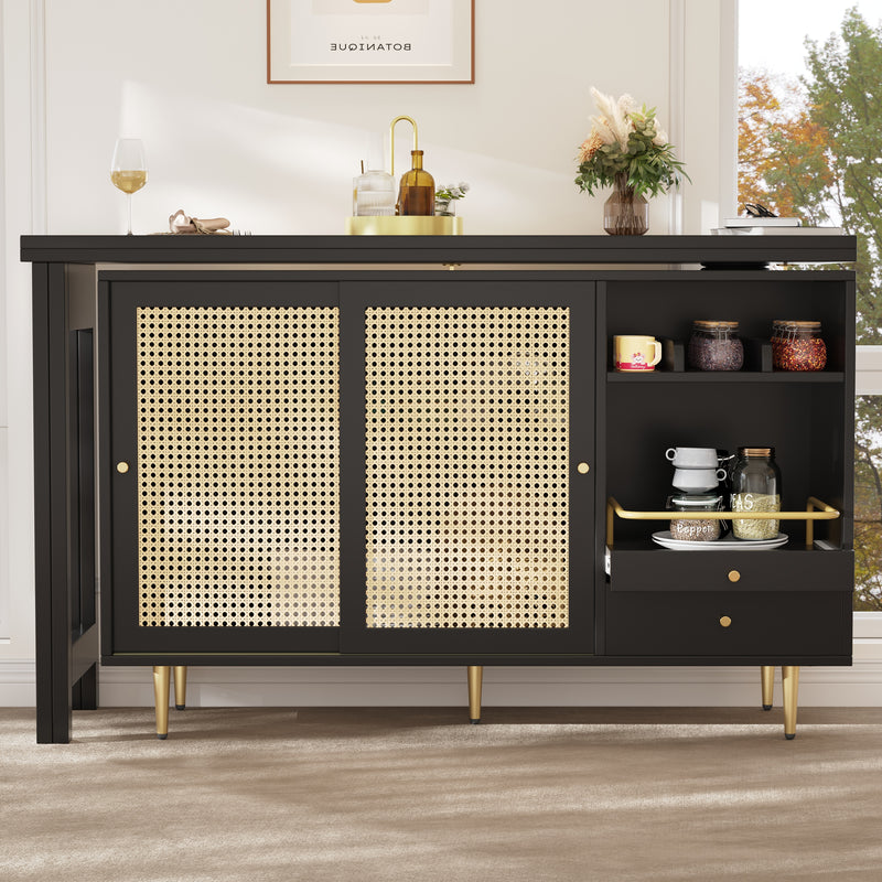 Bar de Salon Extensible et Rotatif à 360° Noir avec Rangement en Rotin et Pieds Dorés GRODRAK BLACK