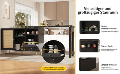Bar de Salon Extensible et Rotatif à 360° Noir avec Rangement en Rotin et Pieds Dorés GRODRAK BLACK