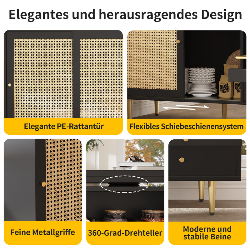 Bar de Salon Extensible et Rotatif à 360° Noir avec Rangement en Rotin et Pieds Dorés GRODRAK BLACK