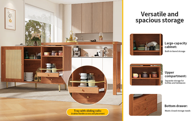 Bar de Salon Extensible et Rotatif à 360° Marron avec Rangement en Rotin et Pieds Dorés GRODRAK BROWN