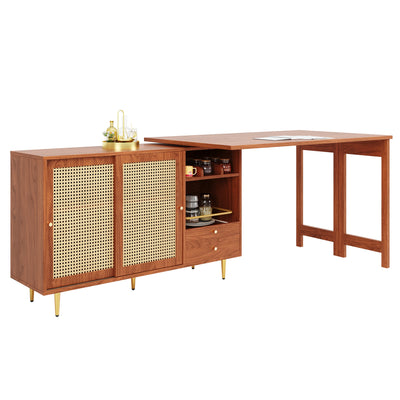 Bar de Salon Extensible et Rotatif à 360° Marron avec Rangement en Rotin et Pieds Dorés GRODRAK BROWN