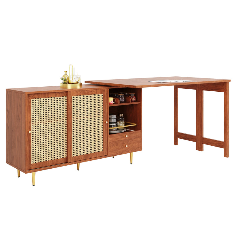 Bar de Salon Extensible et Rotatif à 360° Marron avec Rangement en Rotin et Pieds Dorés GRODRAK BROWN