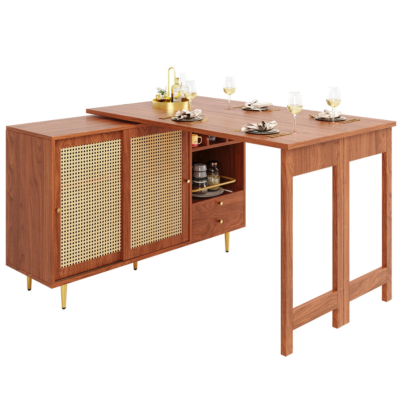 Bar de Salon Extensible et Rotatif à 360° Marron avec Rangement en Rotin et Pieds Dorés GRODRAK BROWN